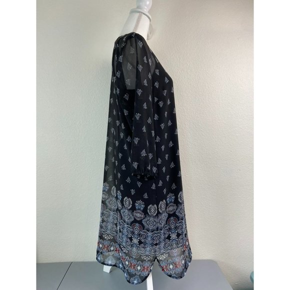 J. Jill women's medium black patterned 3/4‎ sleeve sheer overlay shift dress - Picture 5 of 7